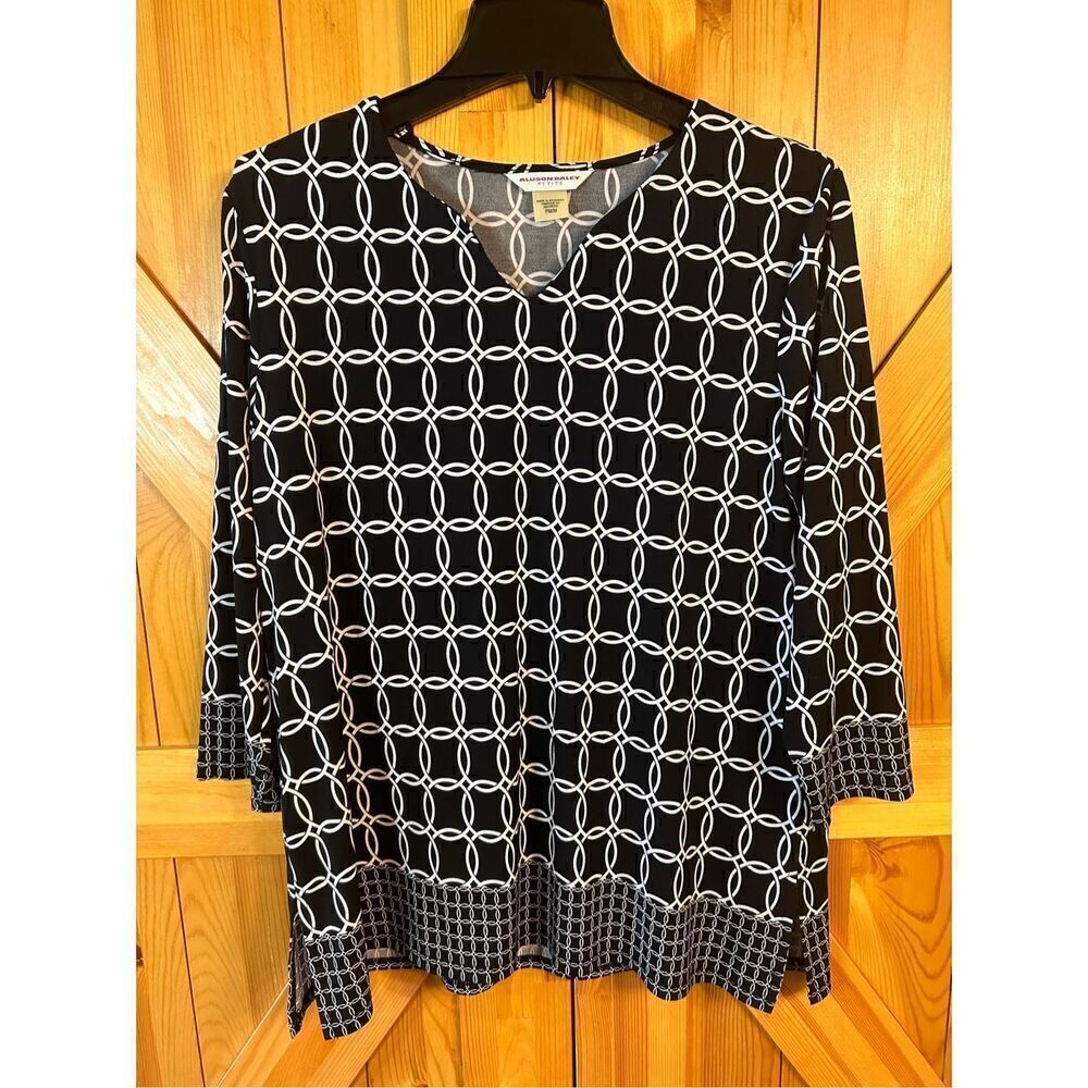 Allison Daley Petite Medium Black White Blouse Pullover 3/4 Sleeve (3978)